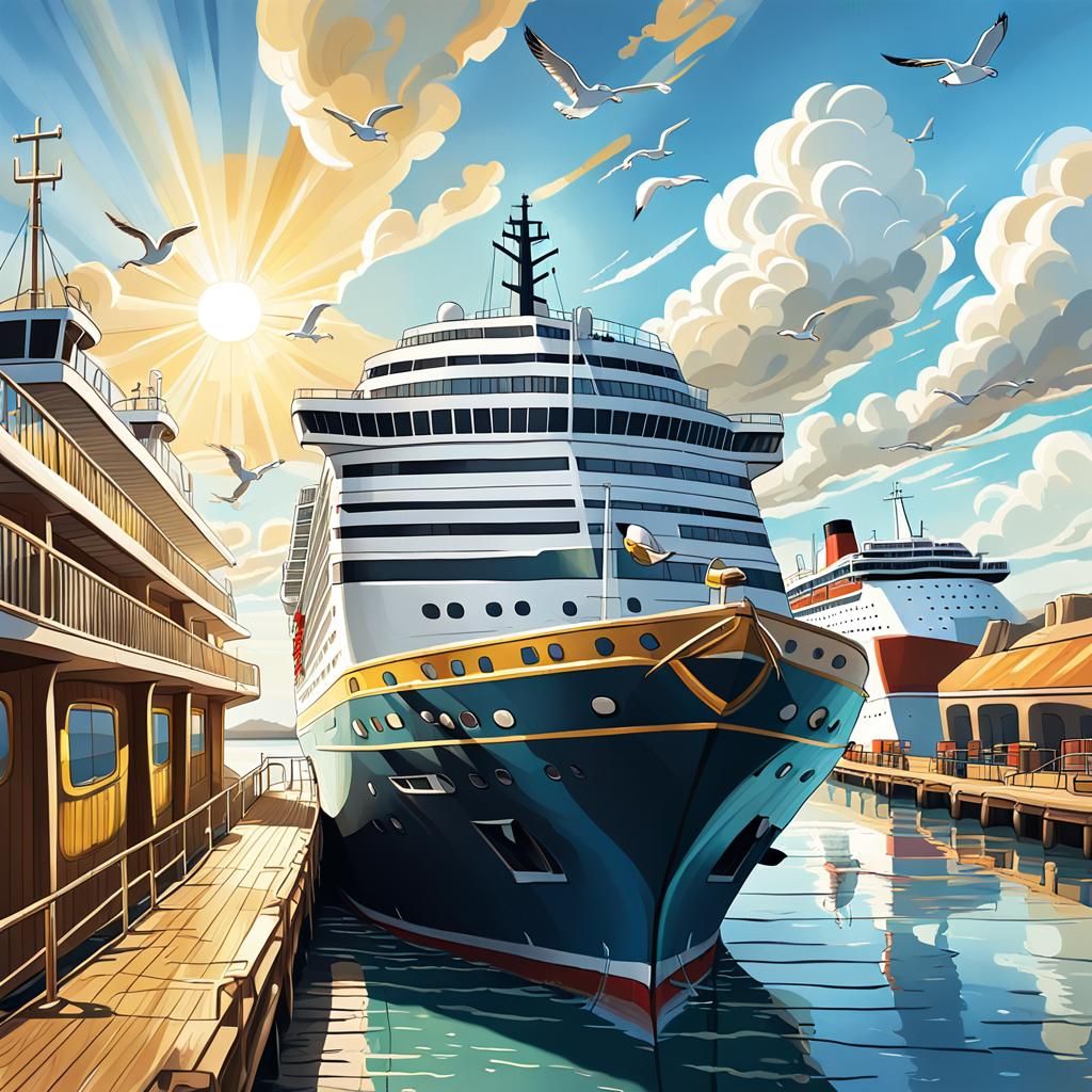 Cartoon Tugboat and Cruise Ship in Sunny Harbor