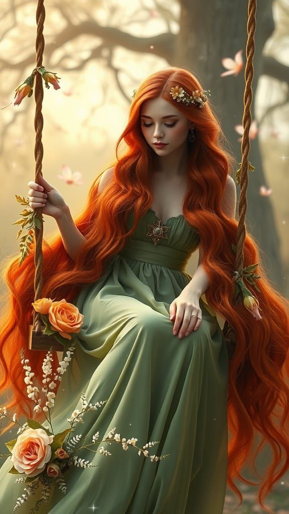 Dreamy Woman on Flower Swing in Fantasy Art Style