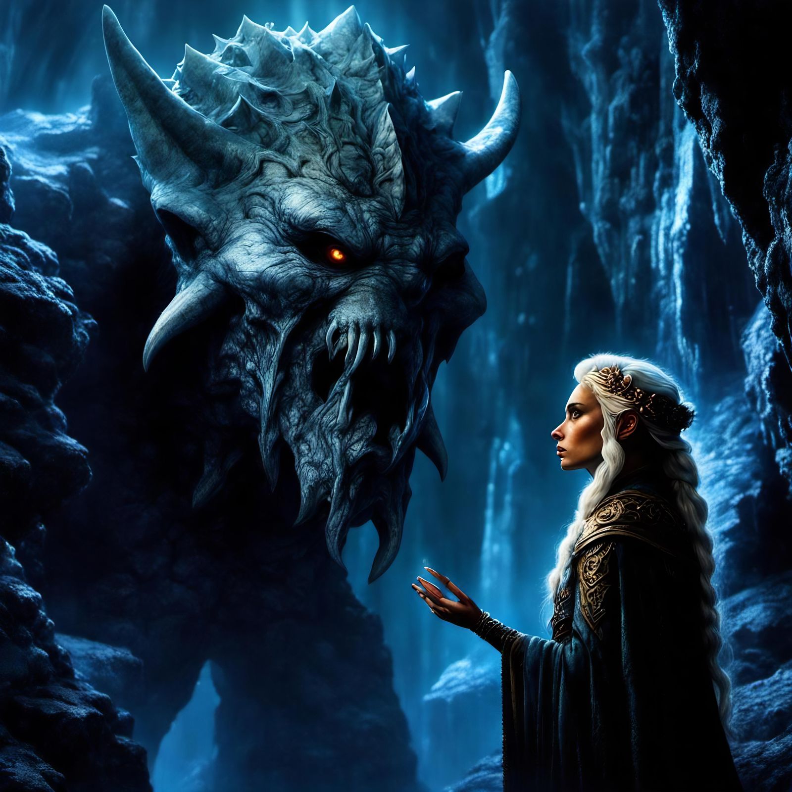 Giant Cave Creature Holding Elsa: Cel-Shaded Art