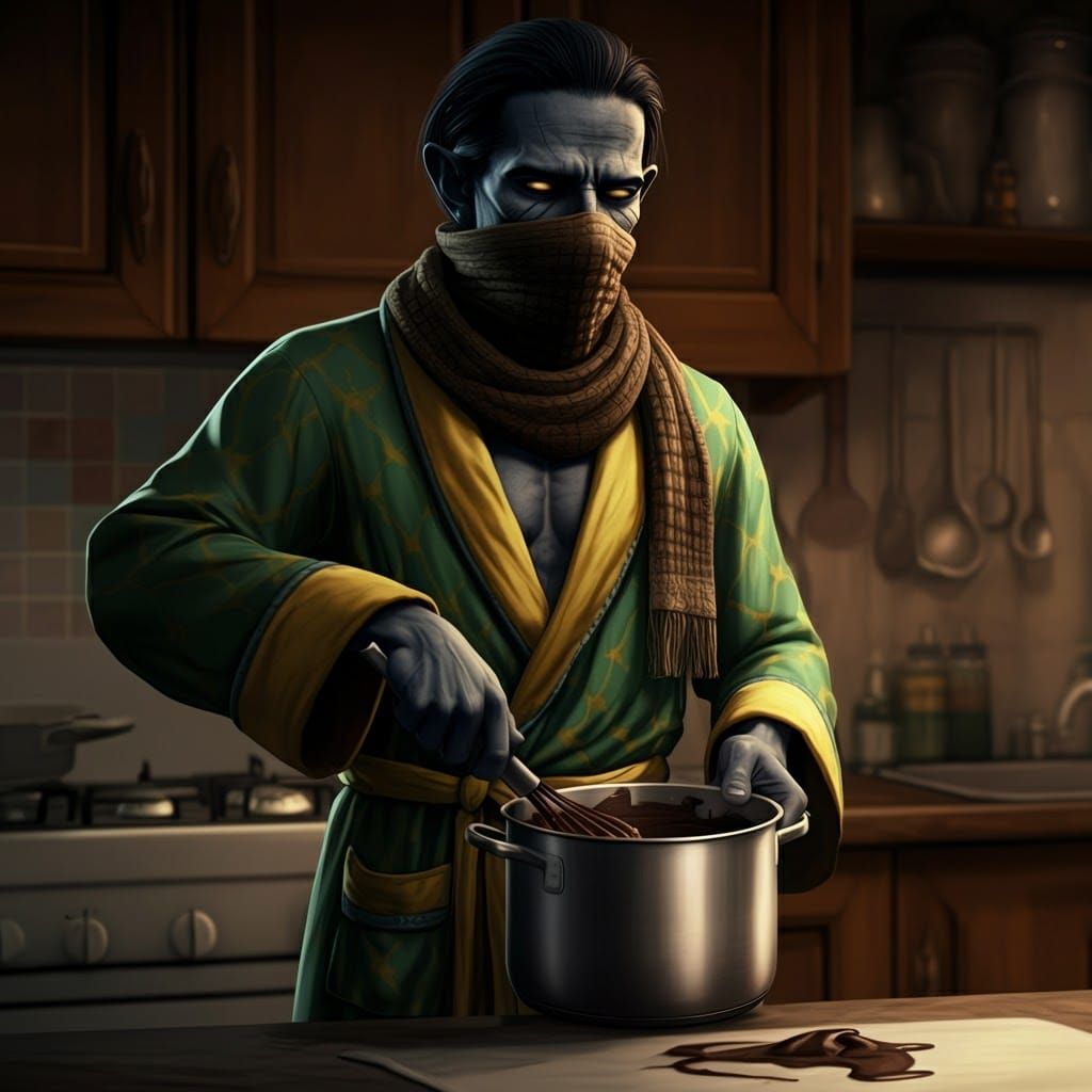 Raziel Makes Midnight Chocolate in Dressing Gown