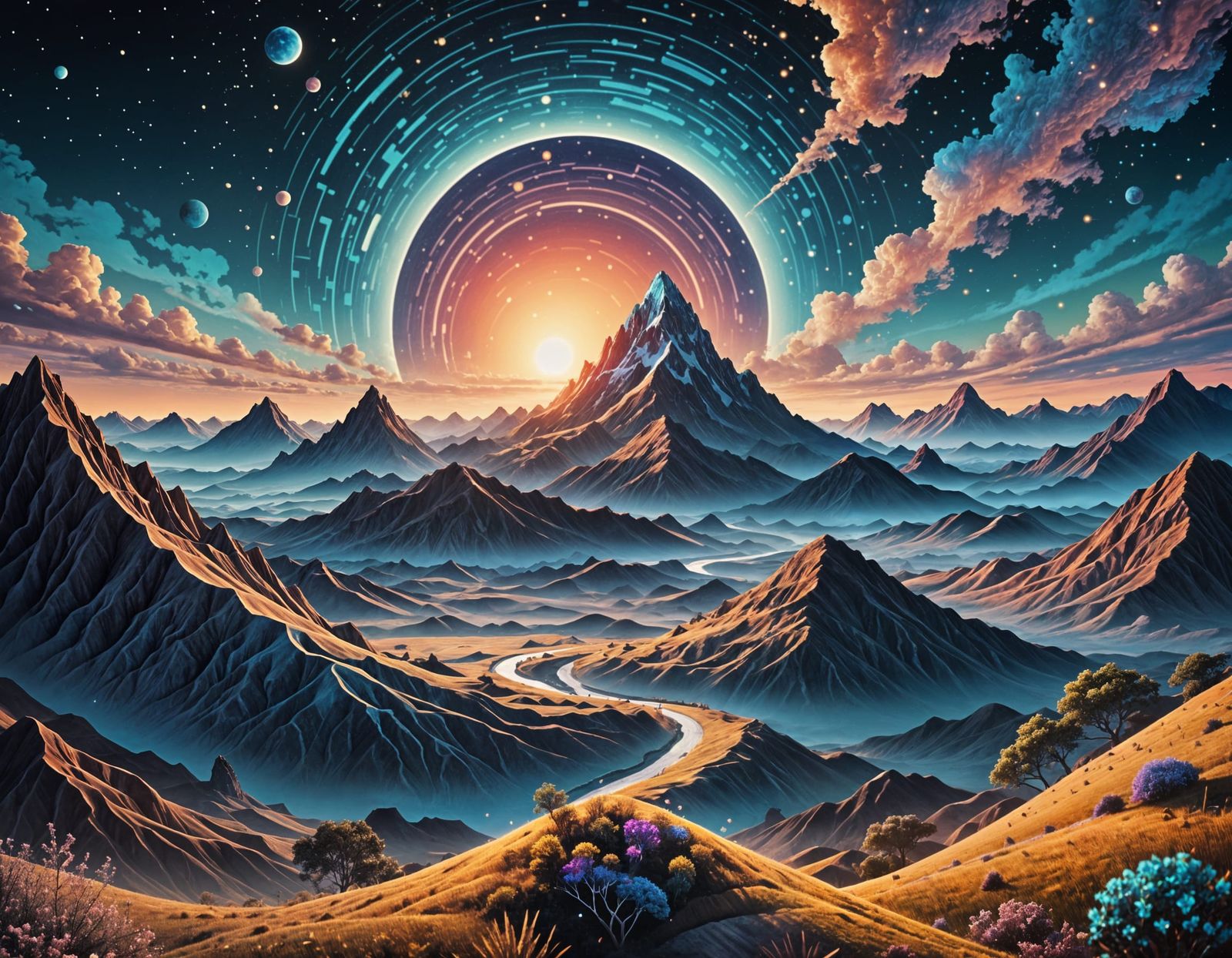 Ethereal Cosmic Landscape in Vibrant, Iridescent Hues
