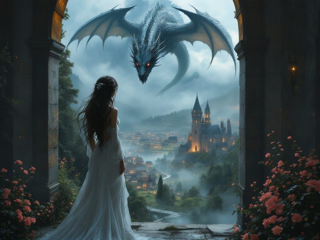 Princess in Castle Gaze at Majestic Dragon in Fantasy Landsc...