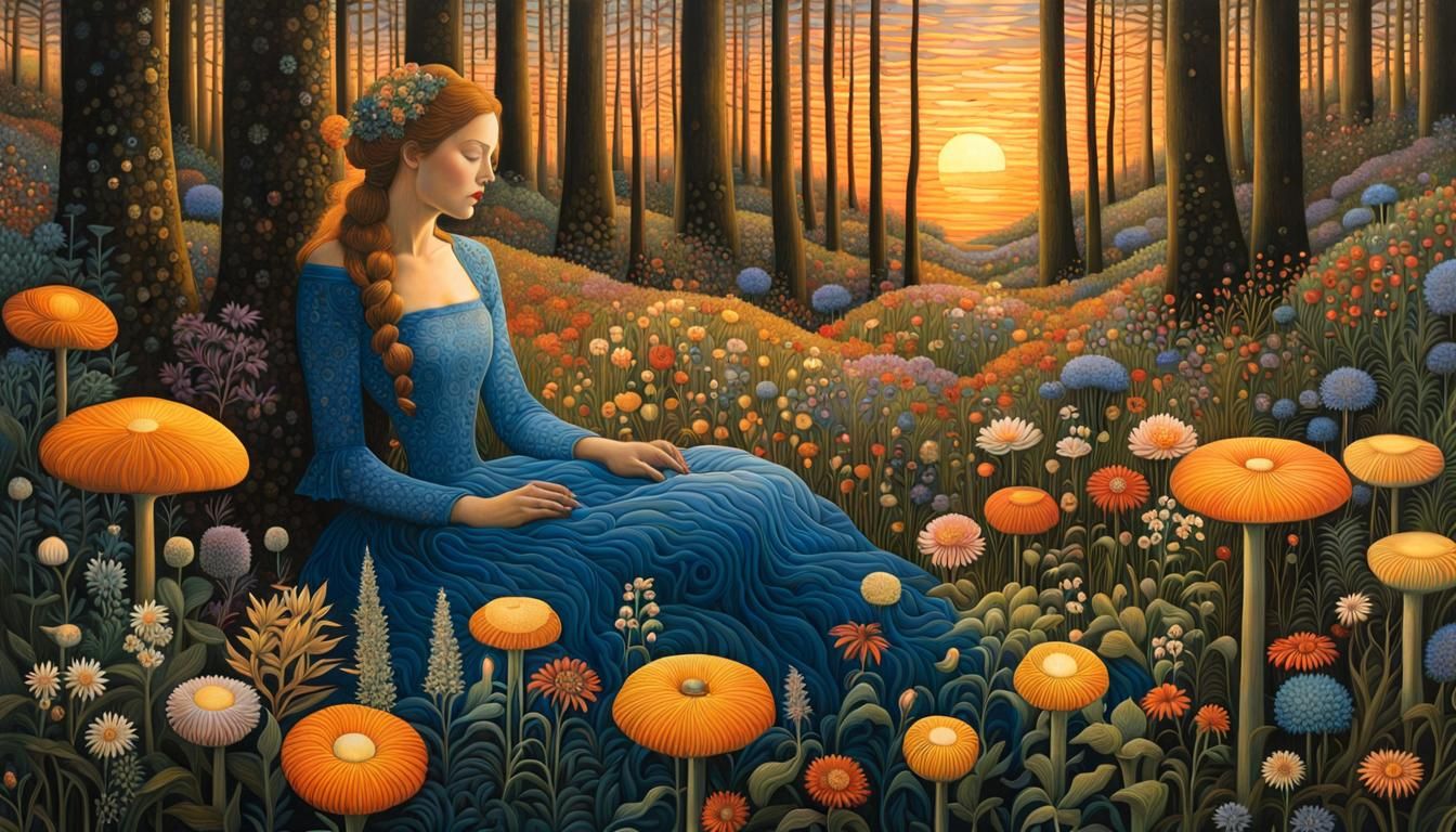 Sunset Woman in Floral Forest, Art Nouveau Style