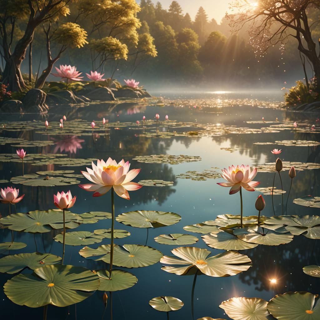 Dreamlike Lotus Flower on Shimmering Lake