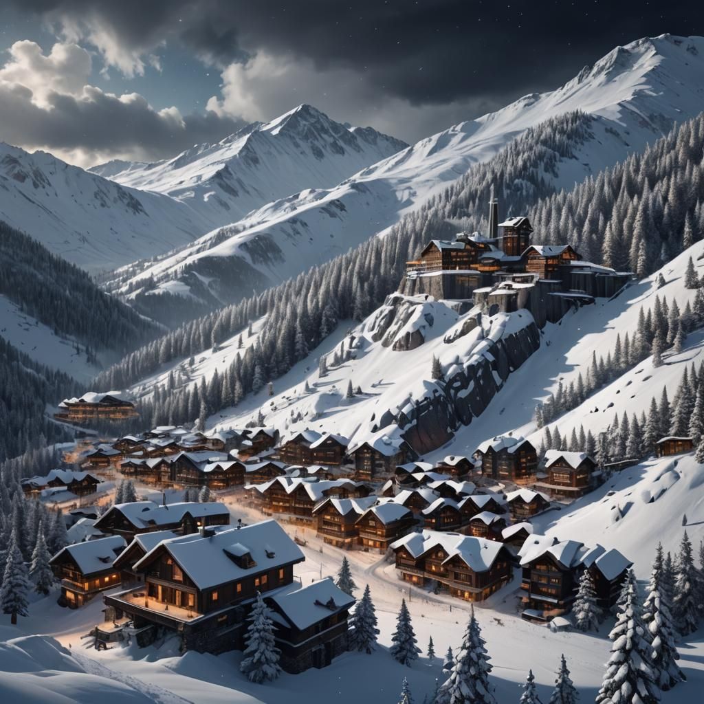 Dramatic Winter Ski Resort Under Stormy Sky