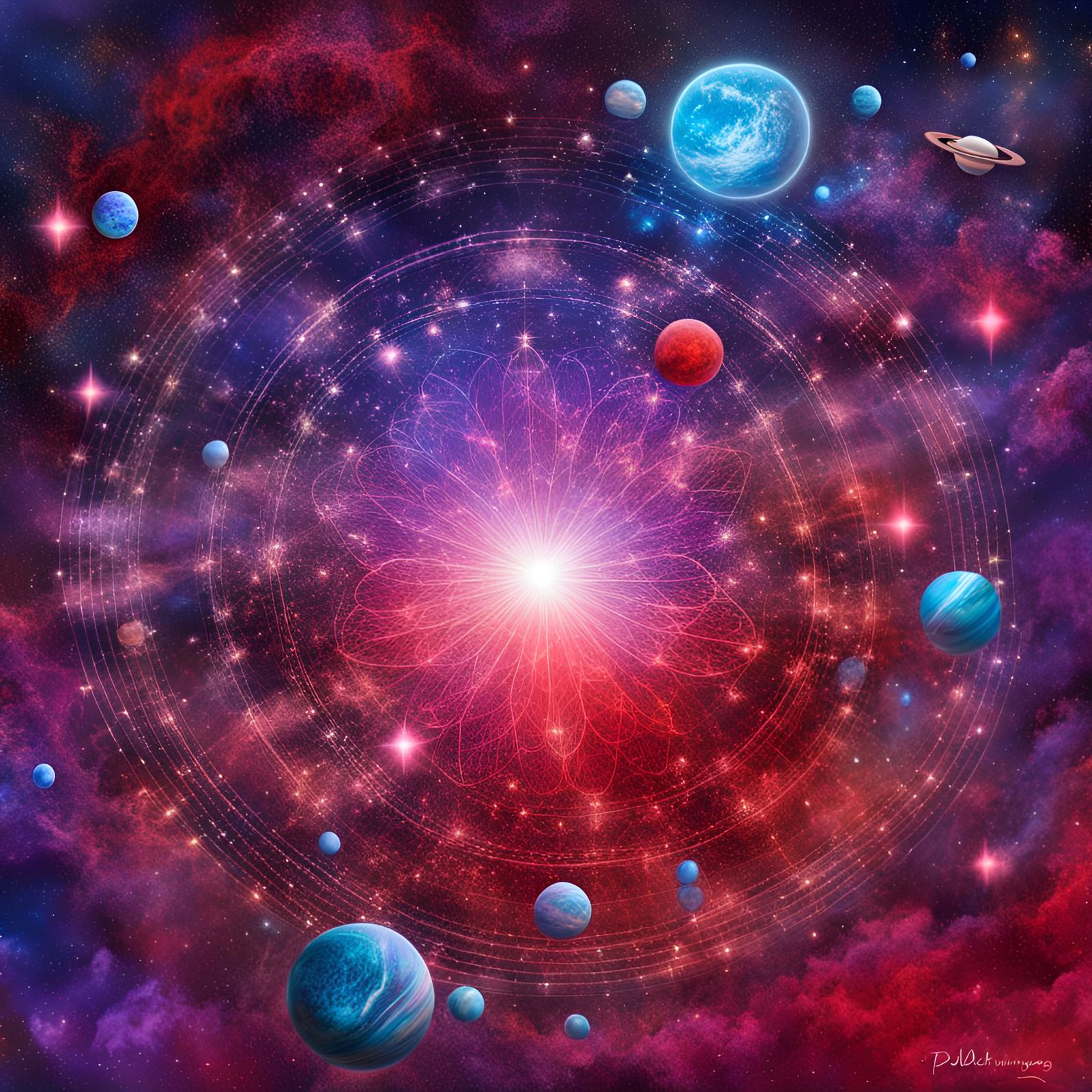 Colorful Galaxy with Stars and Planets in Holographic Style