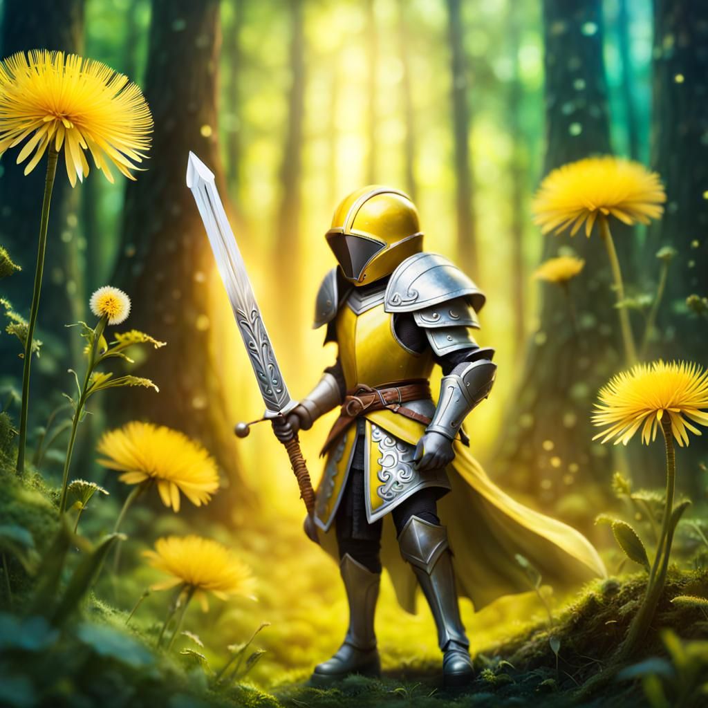 Dandelion Knight with Foil Sword in Magical Forest