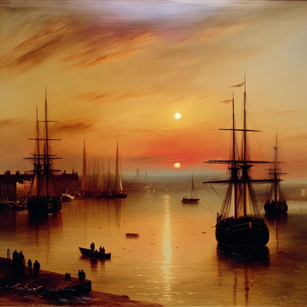Harbor Sundown in Romantic Painting Style