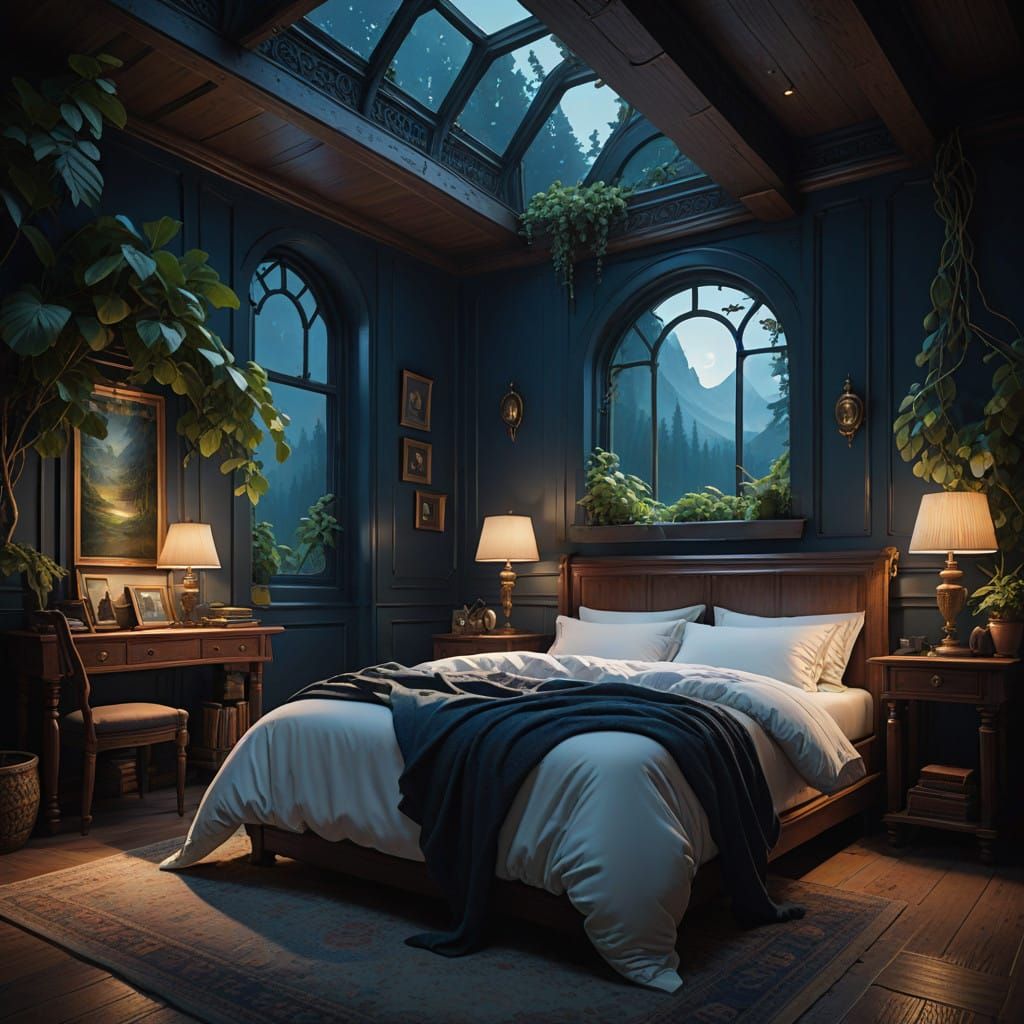 Dreamy Slumber Scene in Dark Blue Room