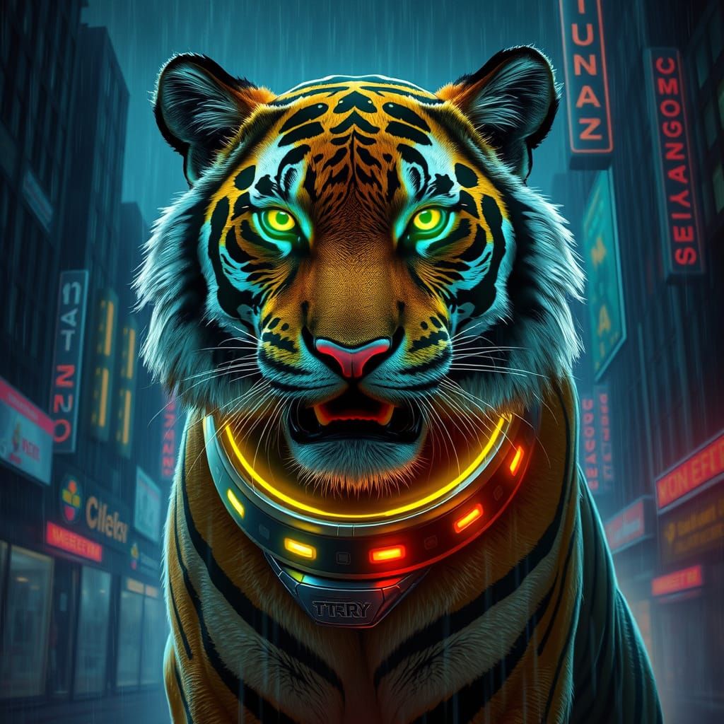 Neon Tiger in Cyberpunk Cityscape Style