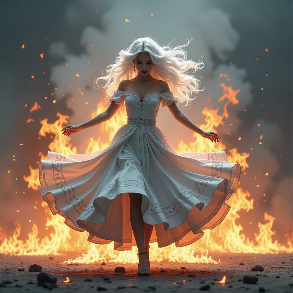 Girl Dancing in Flames: Charcoal Drawing in Dramatic Style