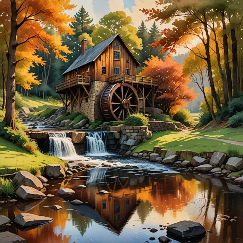 Rustic Waterwheel in Serene Landscape