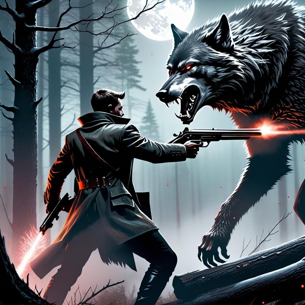 Werewolf Hunt in Misty Forest: Dark Fantasy Art