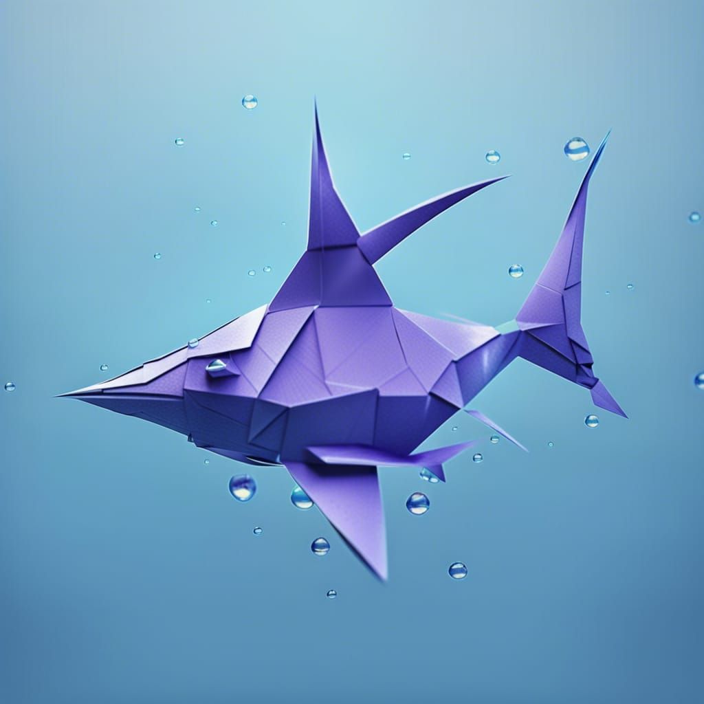 Origami Swordfish Surrounded by Water Bubbles