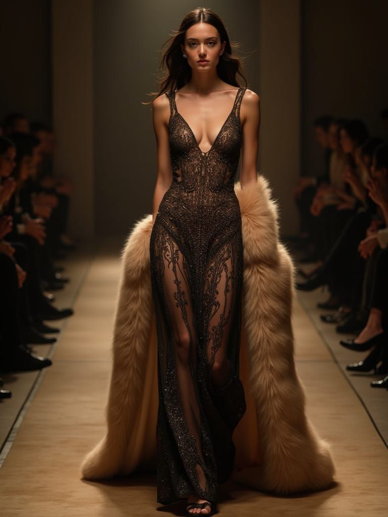 Elegant Young Woman Struts Down Catwalk in Art Deco-Inspired...