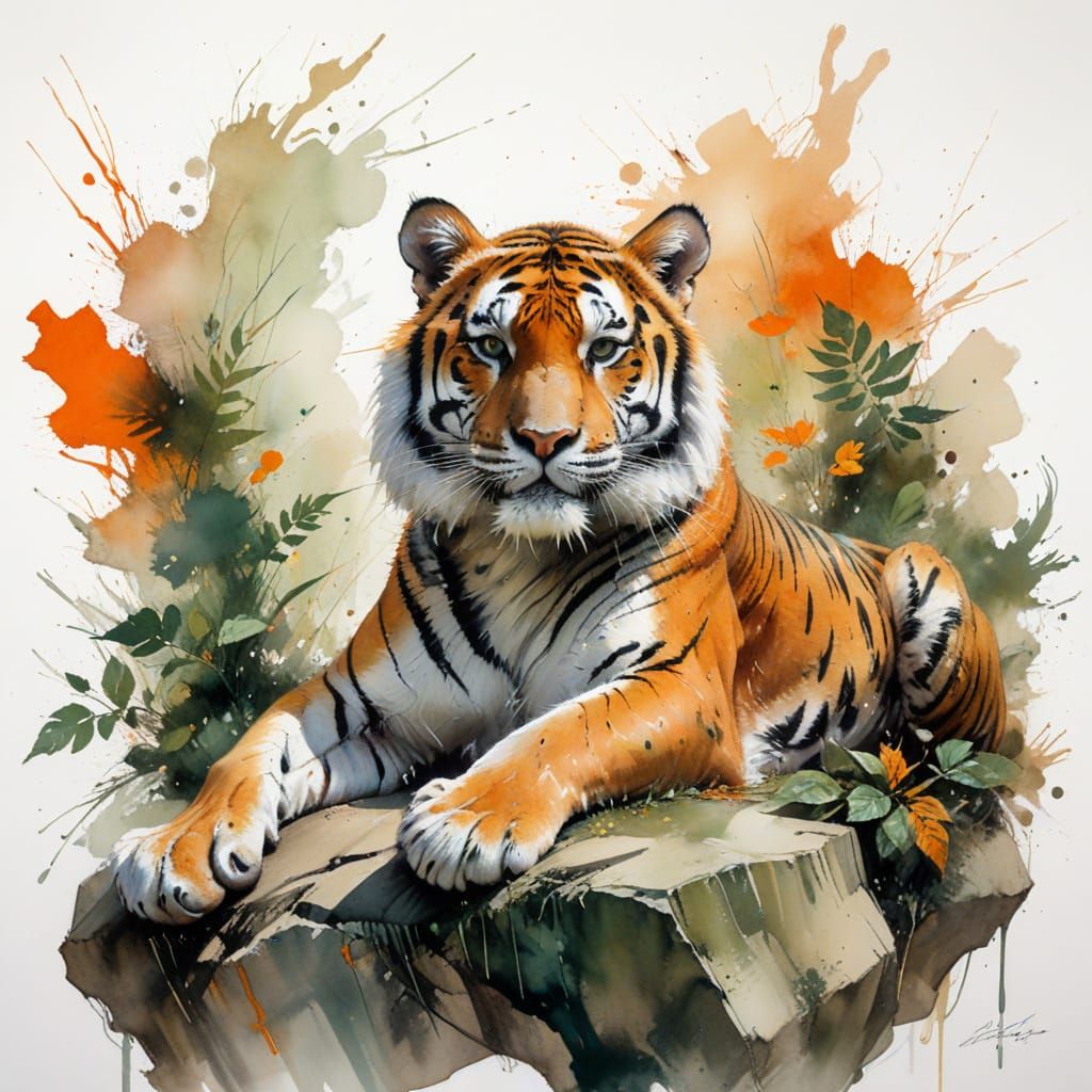 Bengal Tiger Reclining on Sun-Dappled Rock in Watercolour