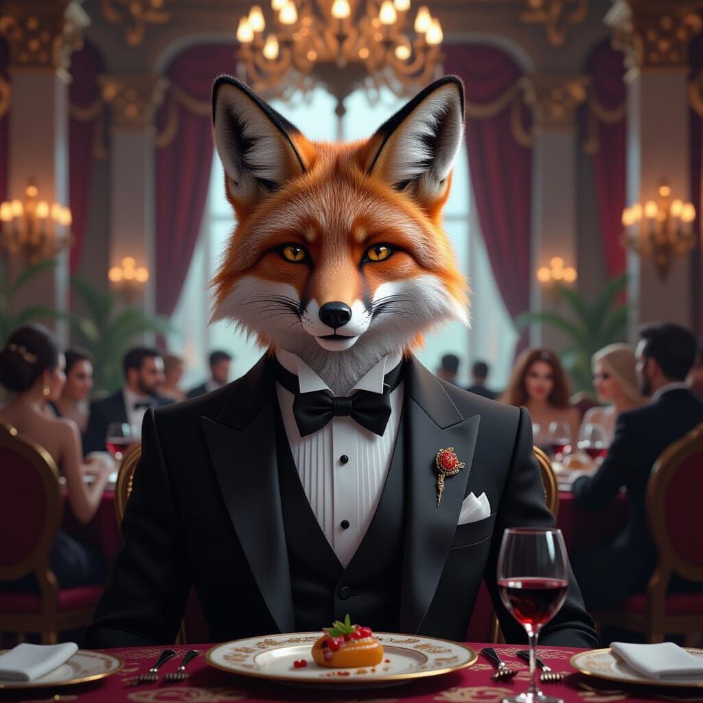 Anthropomorphic Fox in Tuxedo at Opulent Dinner Party