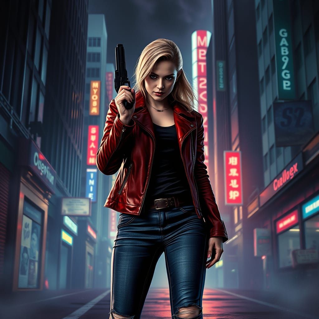 Woman with Gun in Cyberpunk Film Noir Style