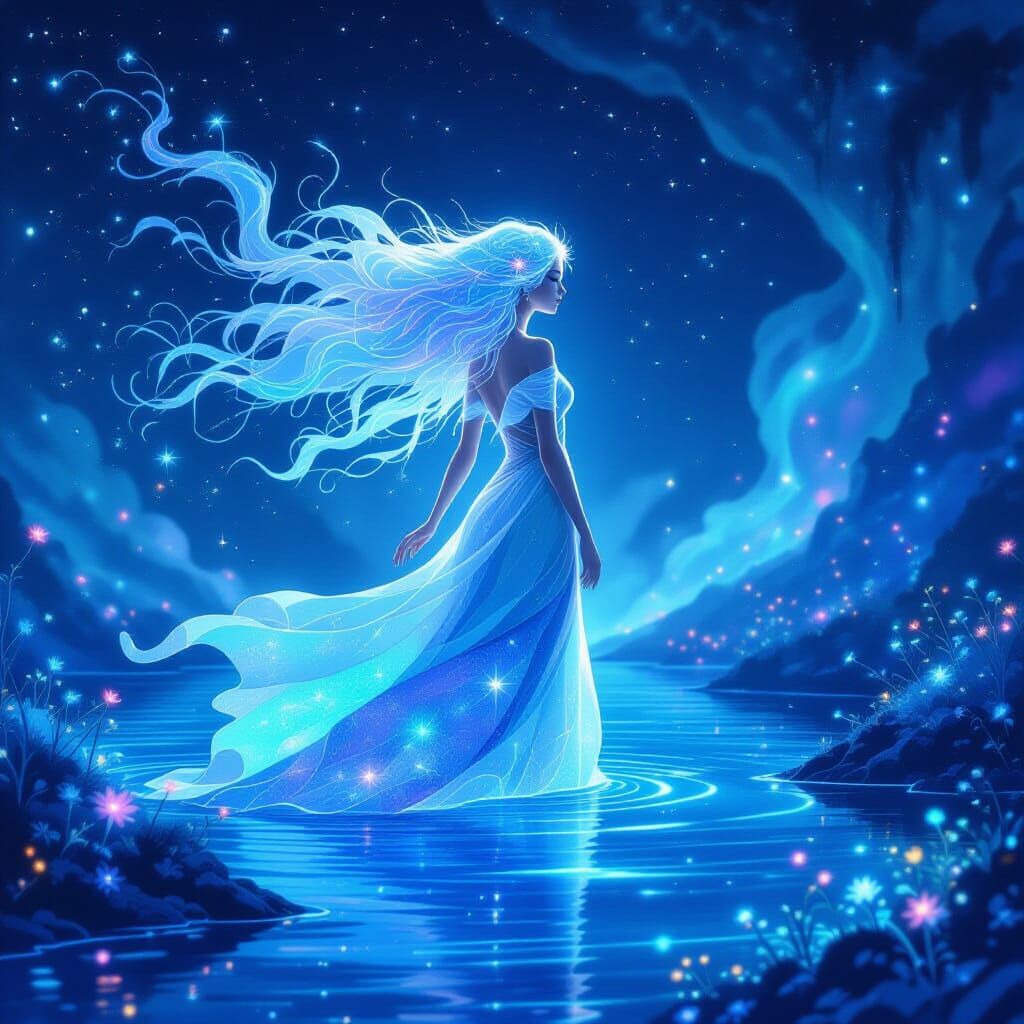 Ethereal Woman Drifting Through Alien Ocean in Watercolor St...