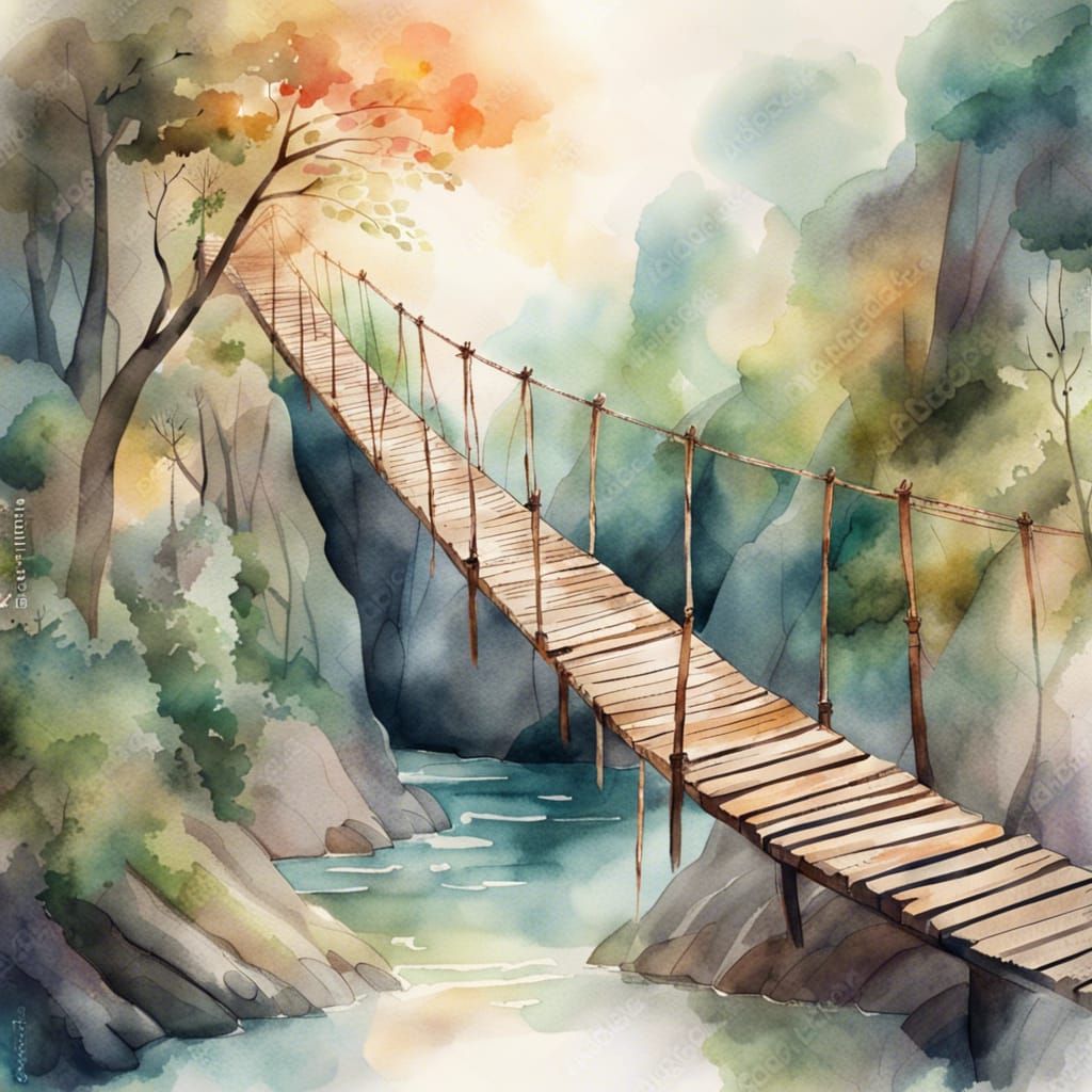 Watercolor Bridge Spanning Magical Forest Gorge