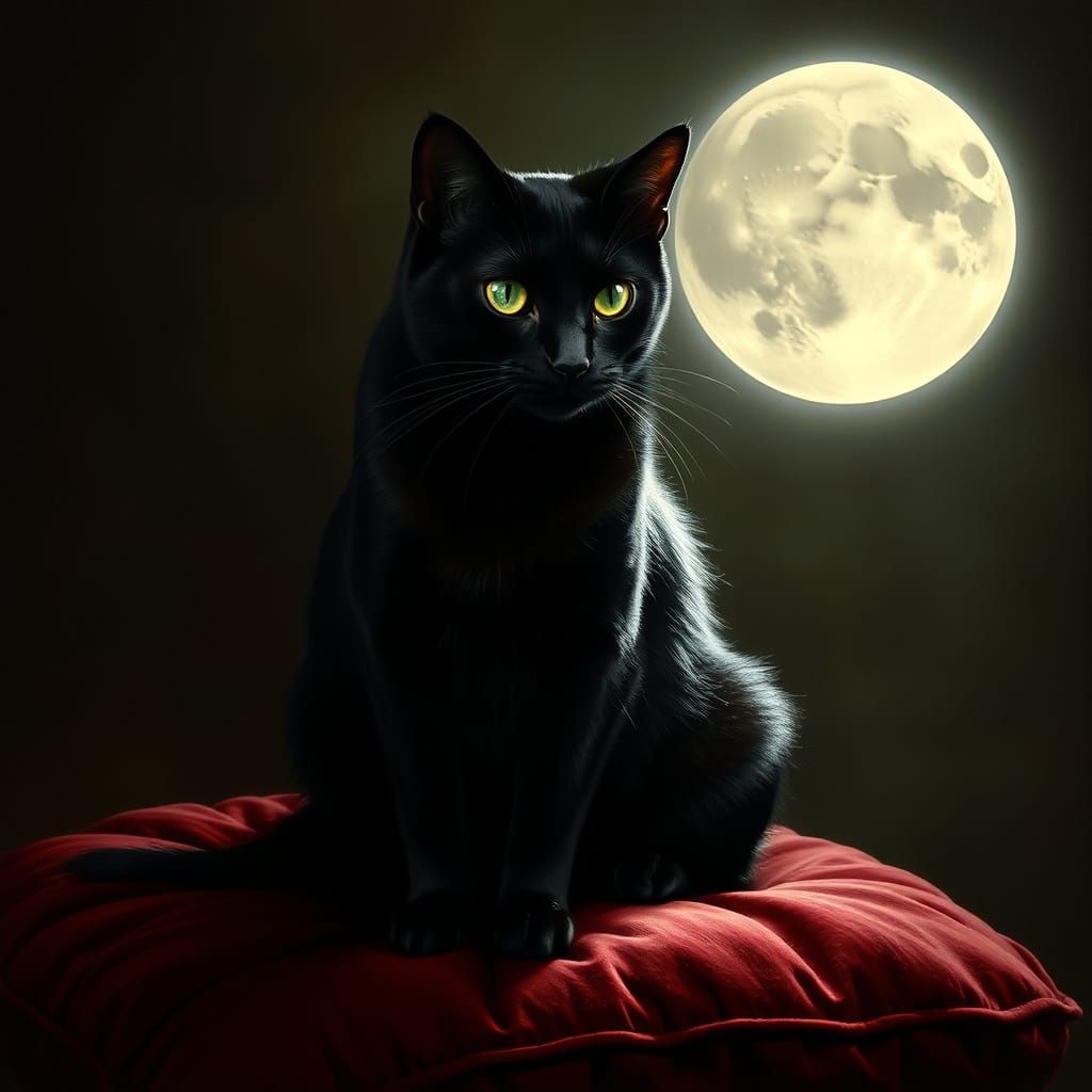 Regal Black Cat in Moonlight, Chiaroscuro Style