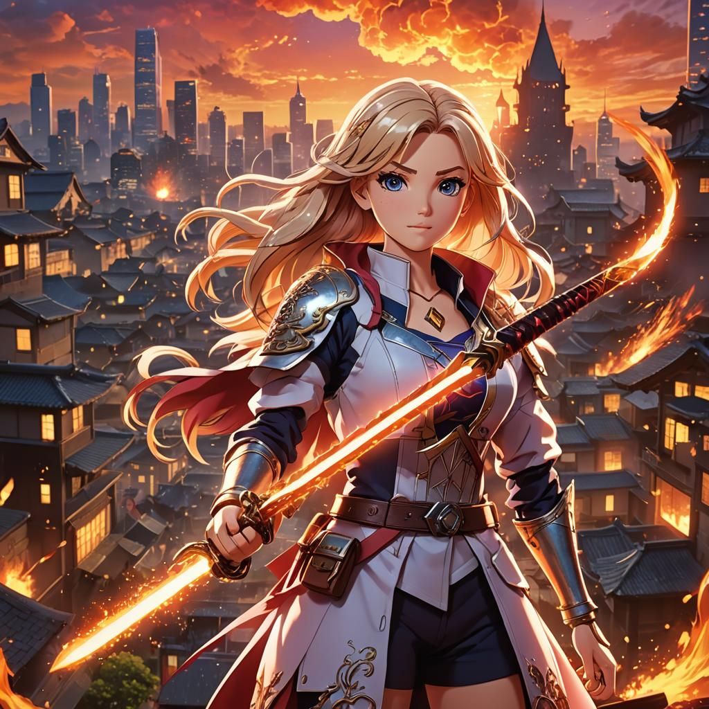Anime Style: Plus-Sized Woman with Fire Sword
