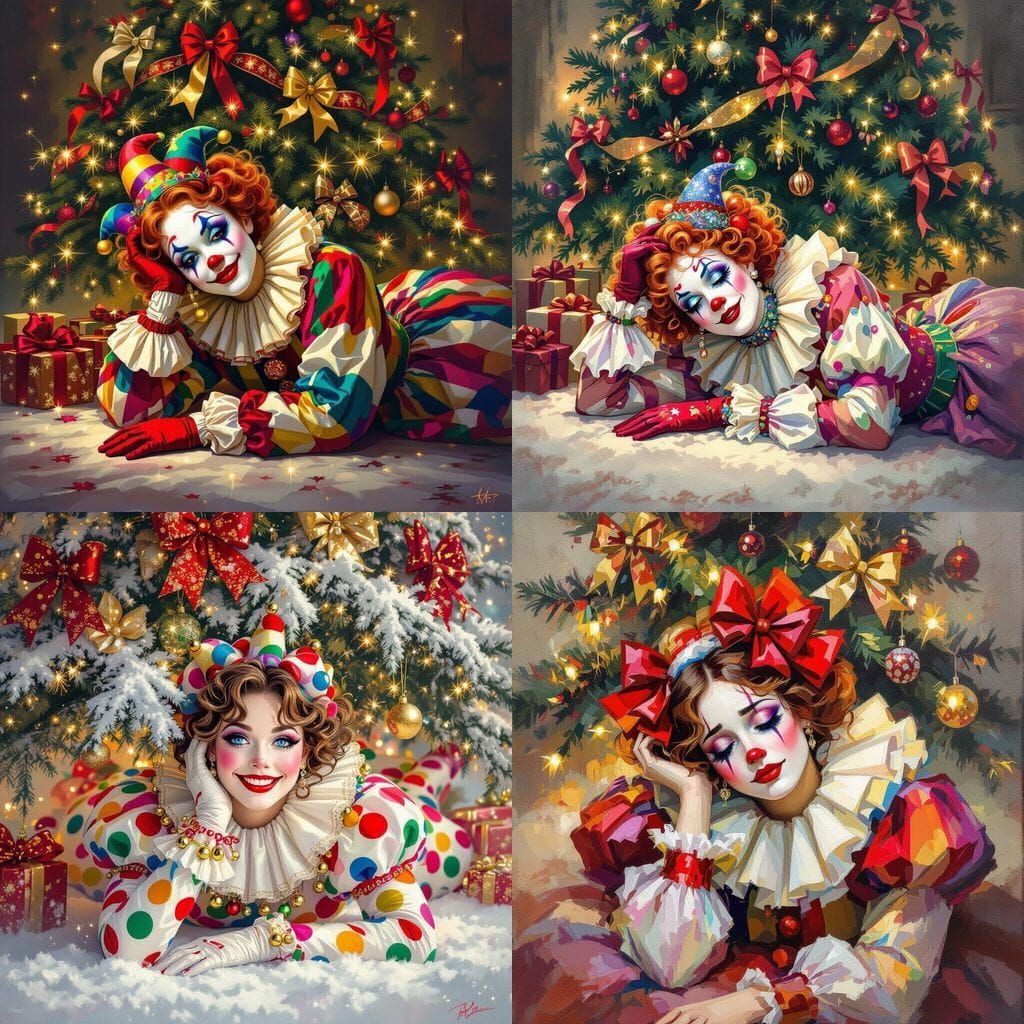 Clown Woman Under Christmas Tree Wrapped in Bows