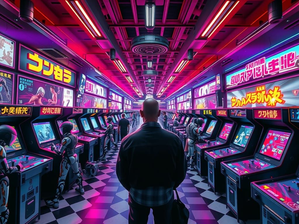 Futuristic Neon Arcade Bustling with Robots