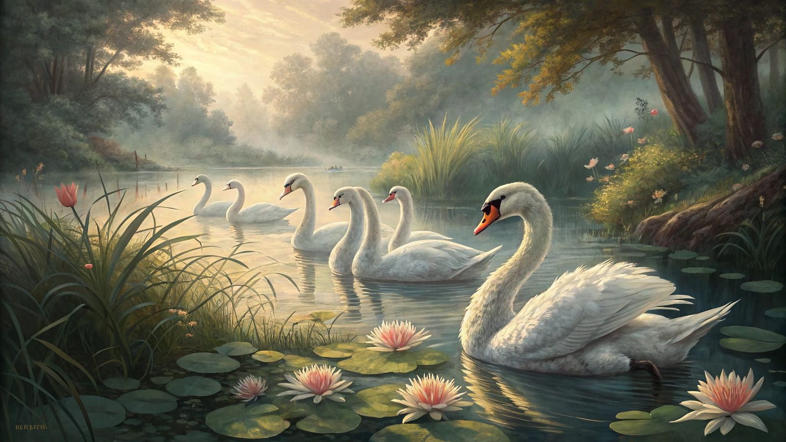 Ethereal Swans in a Serene Summer Morning Landscape