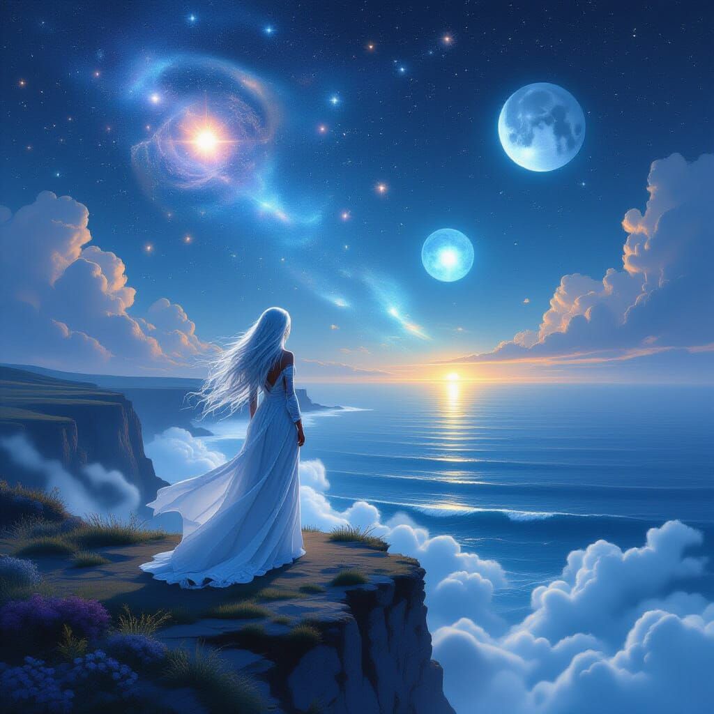 Ethereal Woman on Cliff Overlooking Starlit Ocean