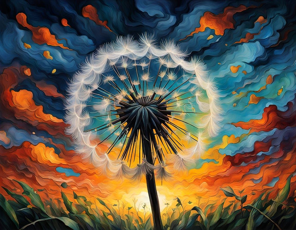 Majestic Dandelion in Vibrant Sunset, Impasto Painting