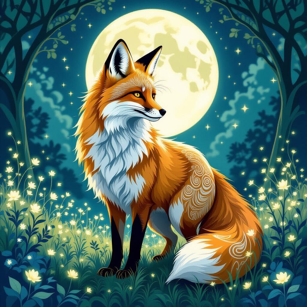 Art Nouveau Fox in Bioluminescent Glade