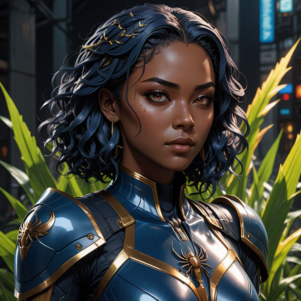 Heroic Ebony Girl with Spider Suit in Dark Fantasy Style