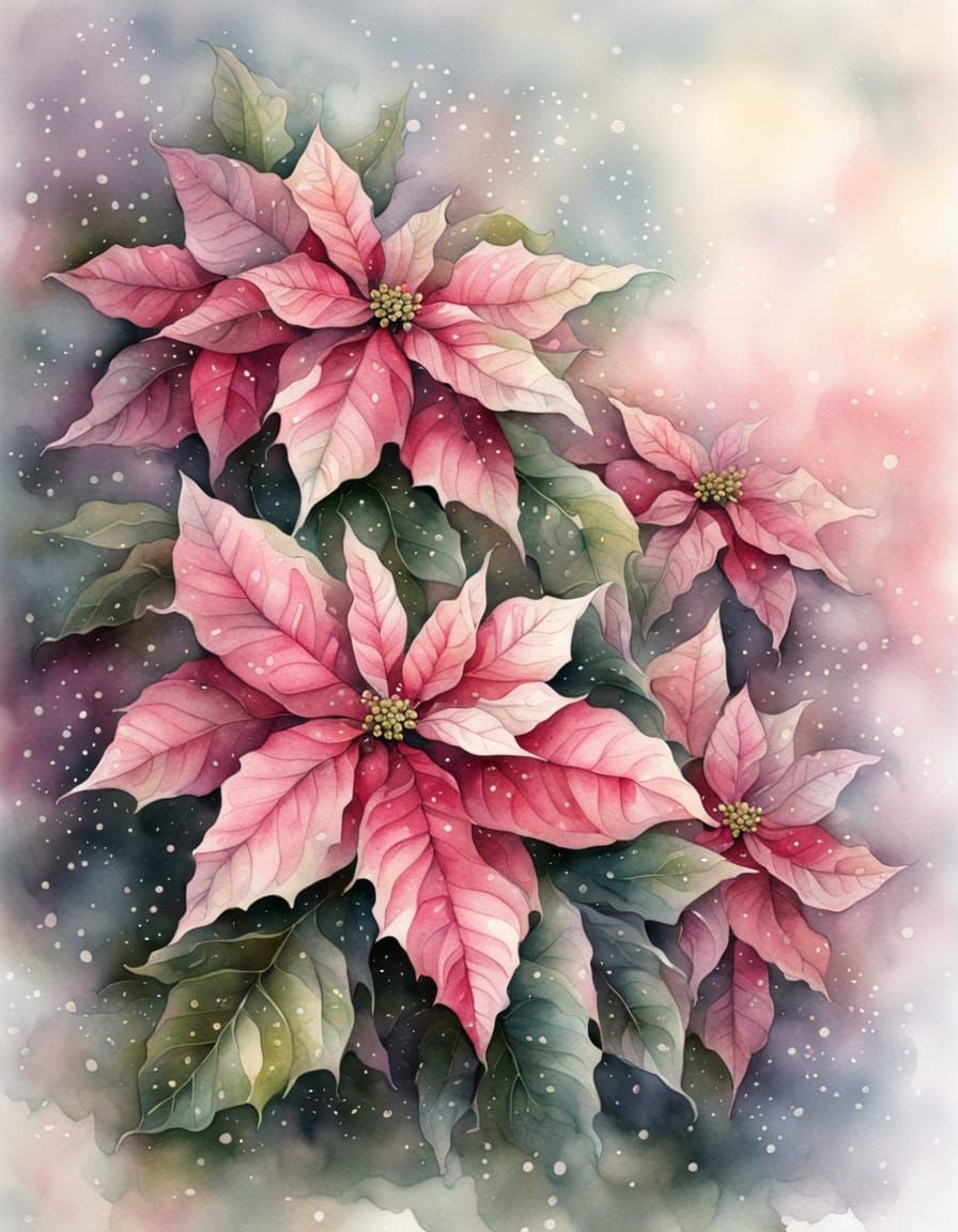 Pink Poinsettias in Watercolor and Ink