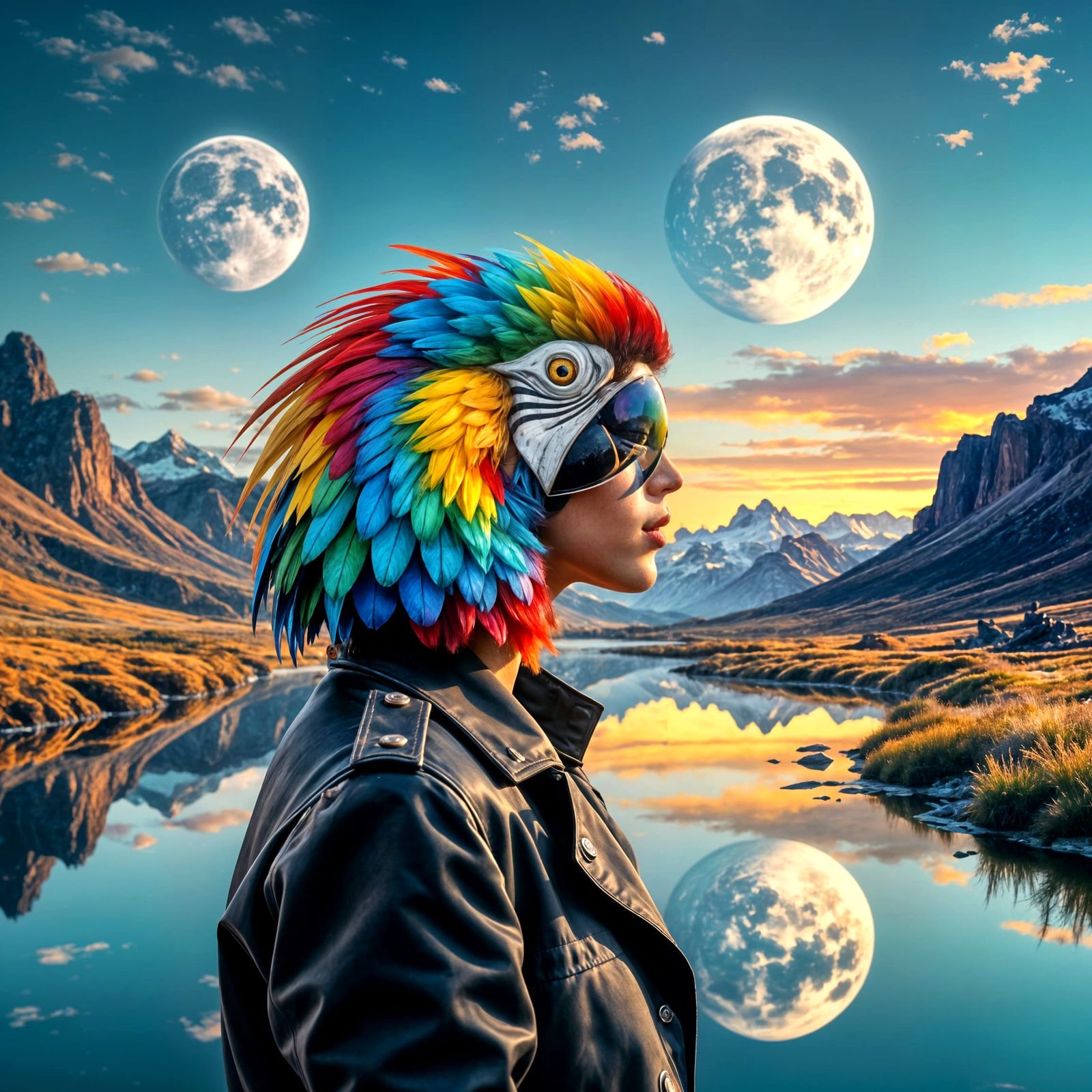 Parrot Double Exposure on Alien Planet Landscape