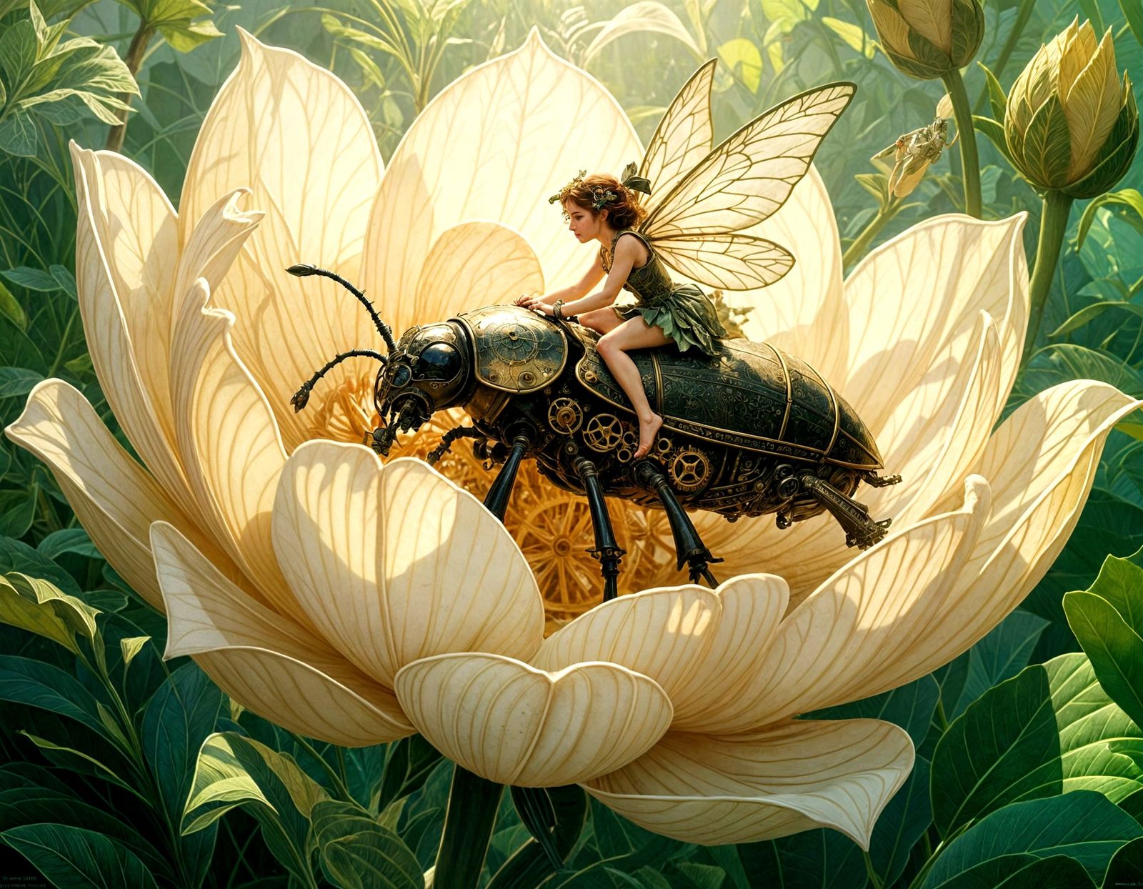 Mischievous Fairy Rides Clockwork Beetle in Enchanted Garden