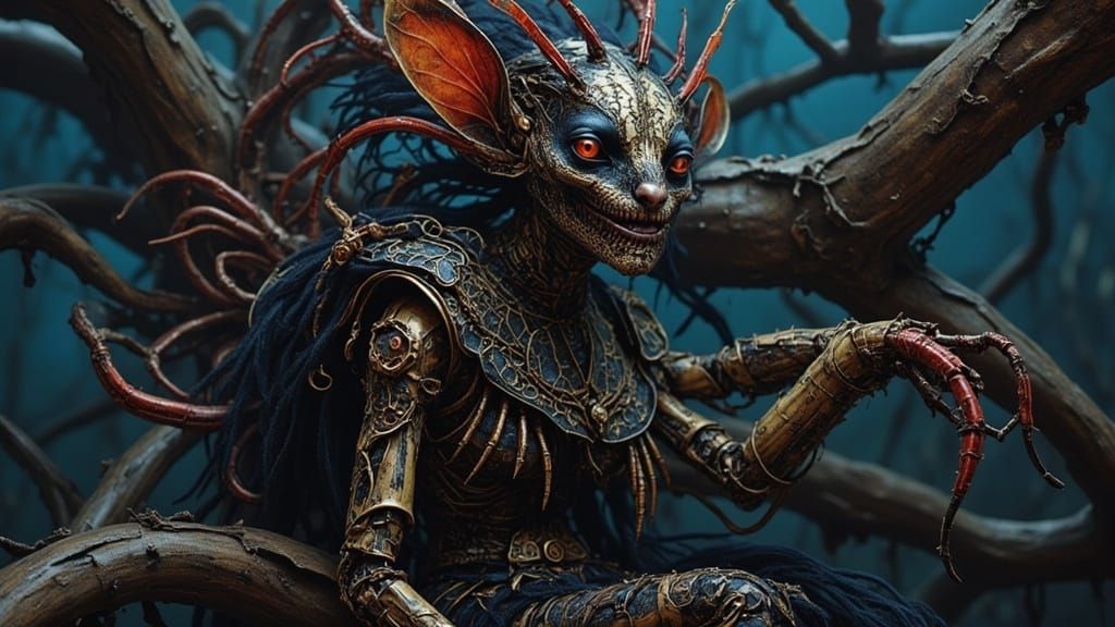 Armored Cryptid in Alien Tree, Dark Fantasy Art