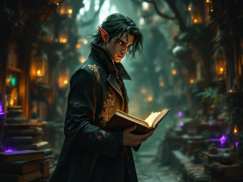 Mysterious Elf Detective in a Dark Fantasy Library