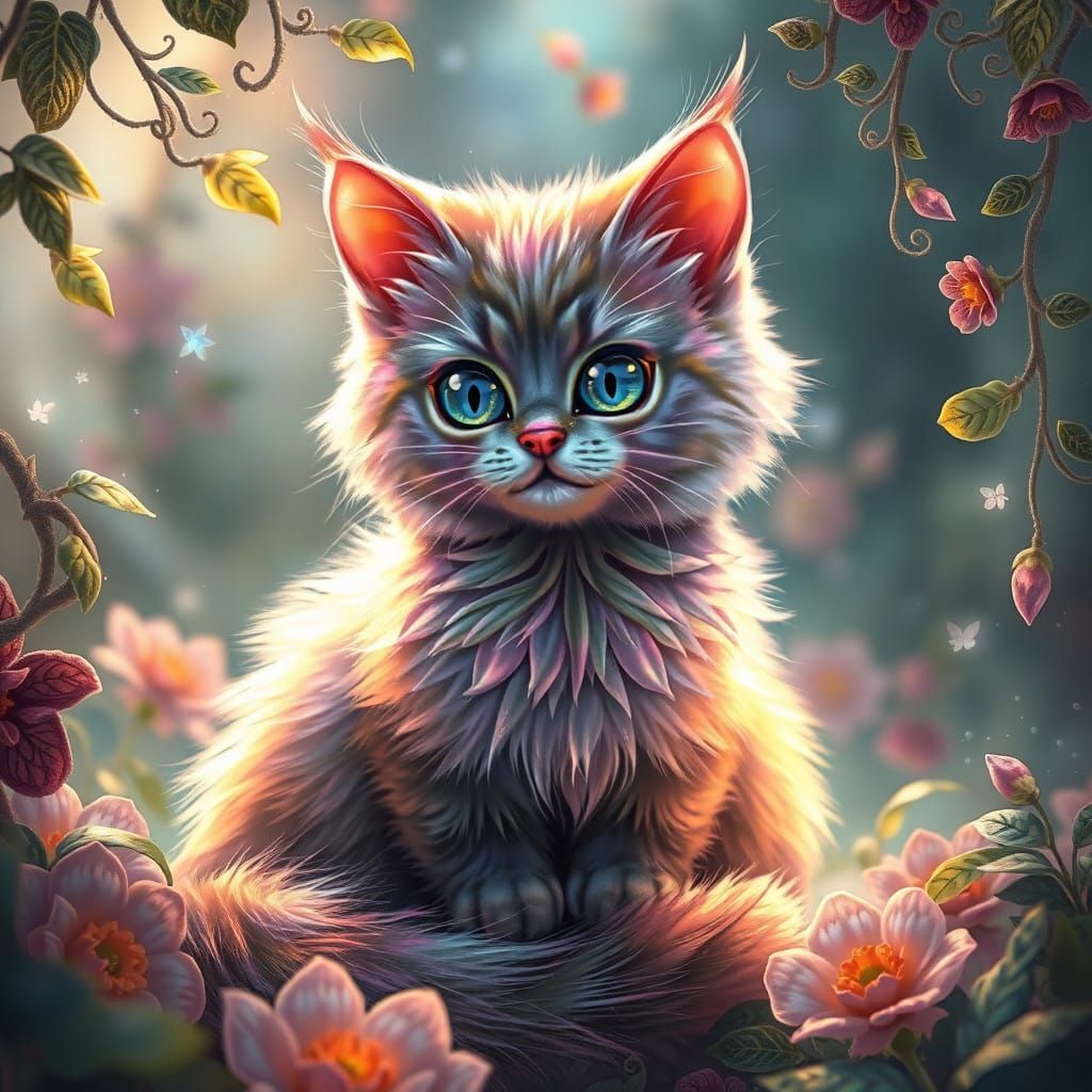 Fantasy Cat in Lush, Whimsical Environment