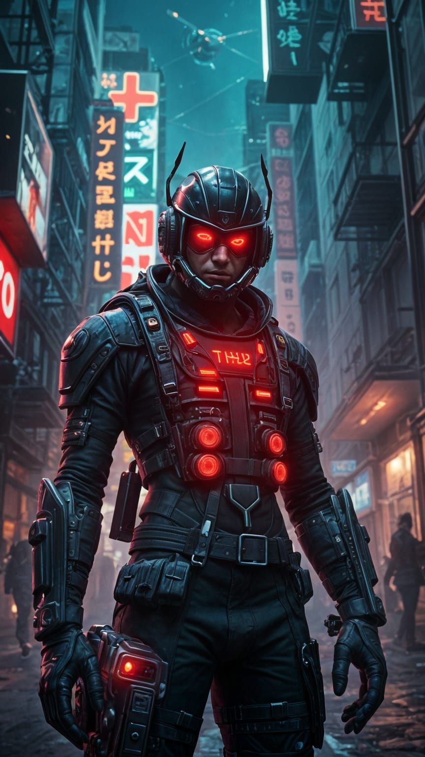 Cyberpunk Hero Stands Tall in Neon Dystopia