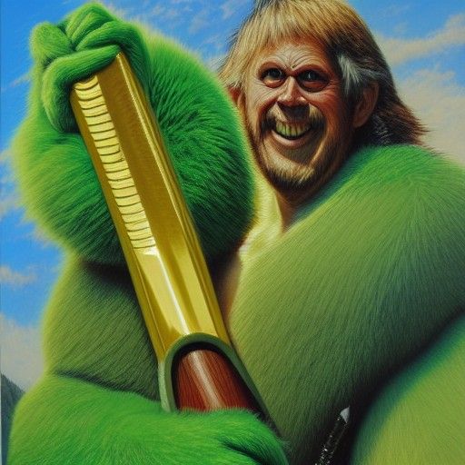 Green Monster with Golden Axe, Hyperrealistic Oil Painting