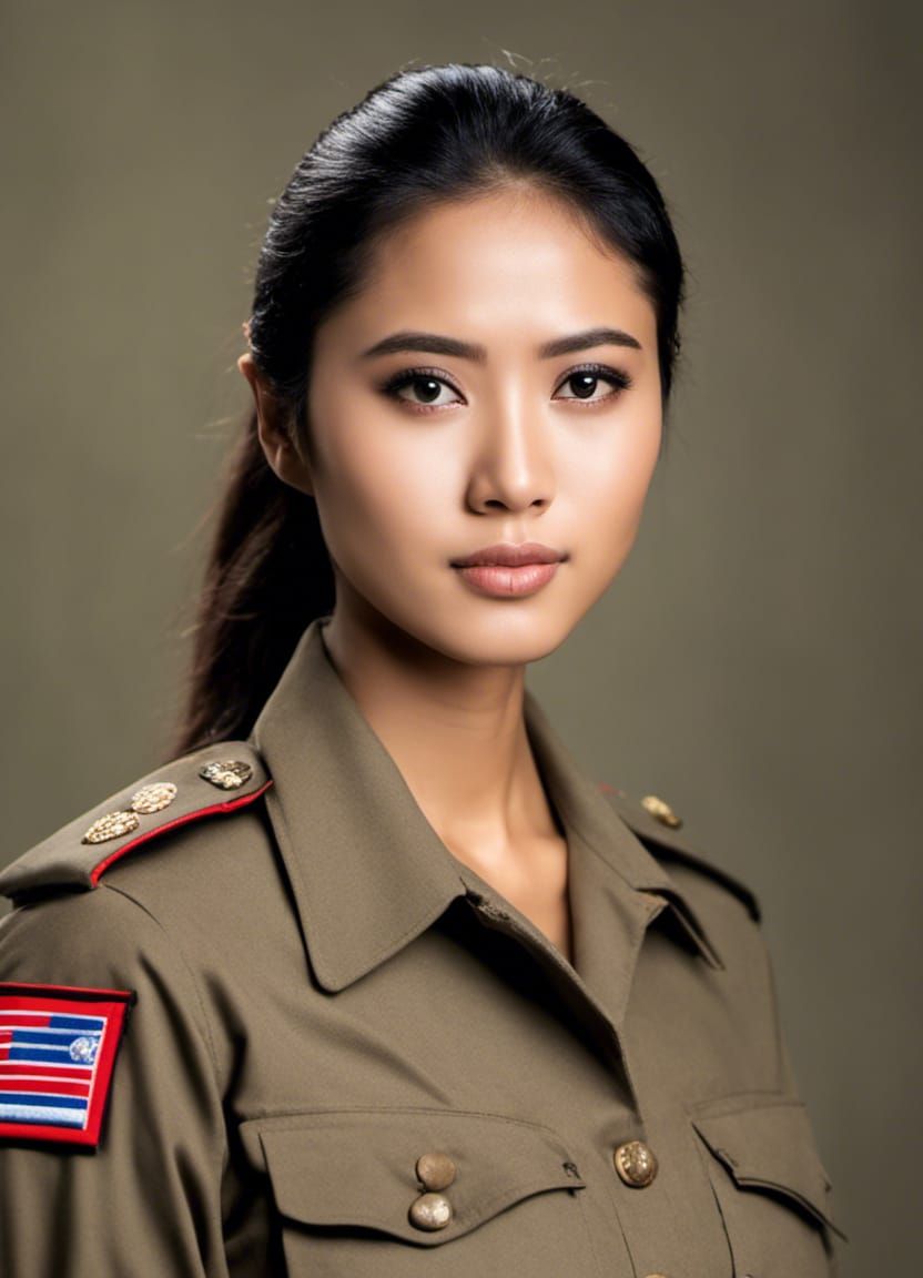 Athletic Indonesian Woman in Military Uniform