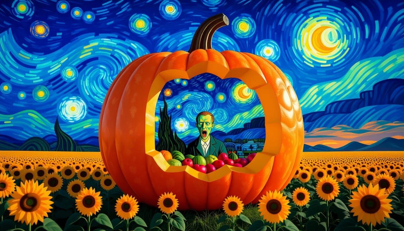 Cosmic Harvest: Emerald Pumpkin with "The Scream" Character