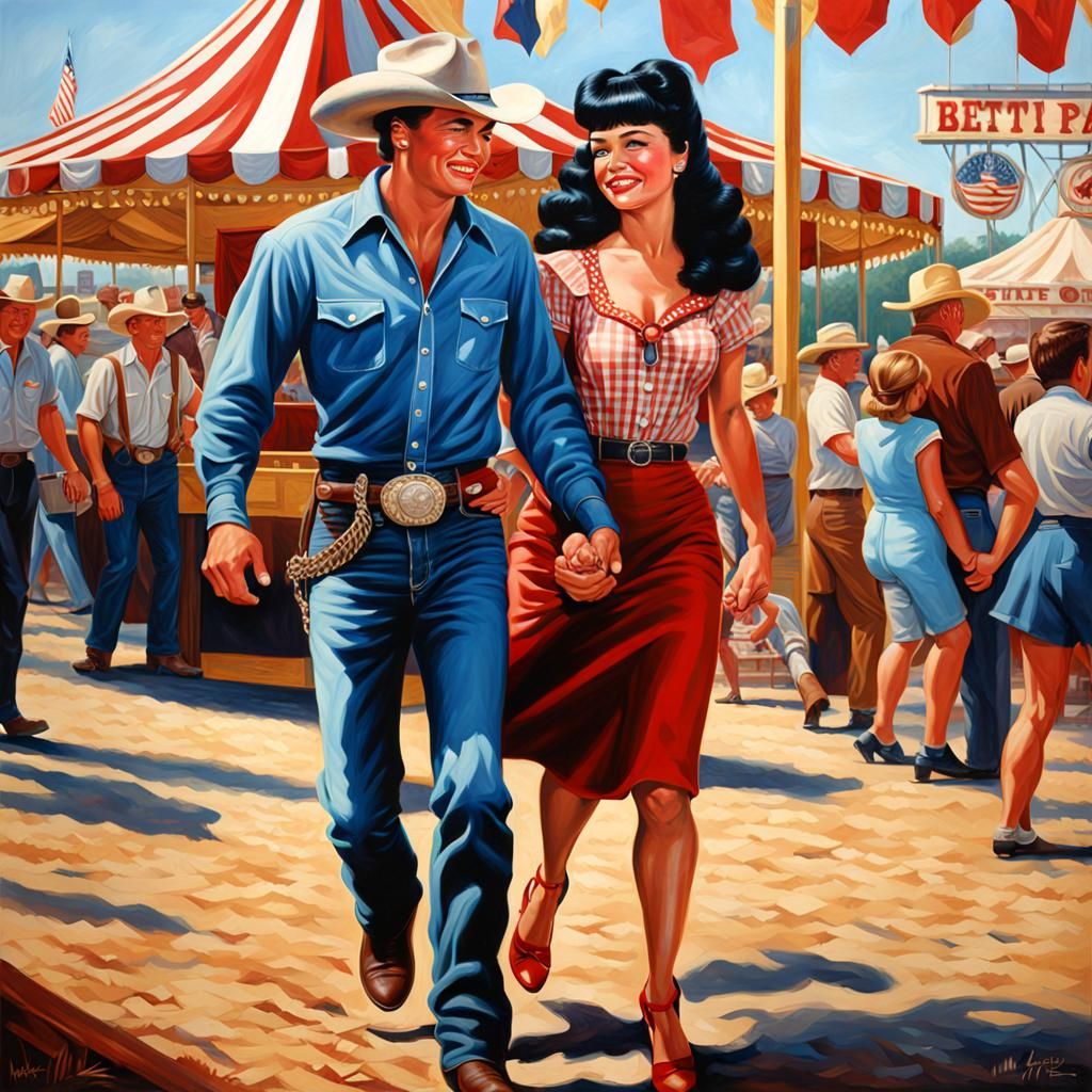 Cowboy and Bettie Page at County Fair in Oil
