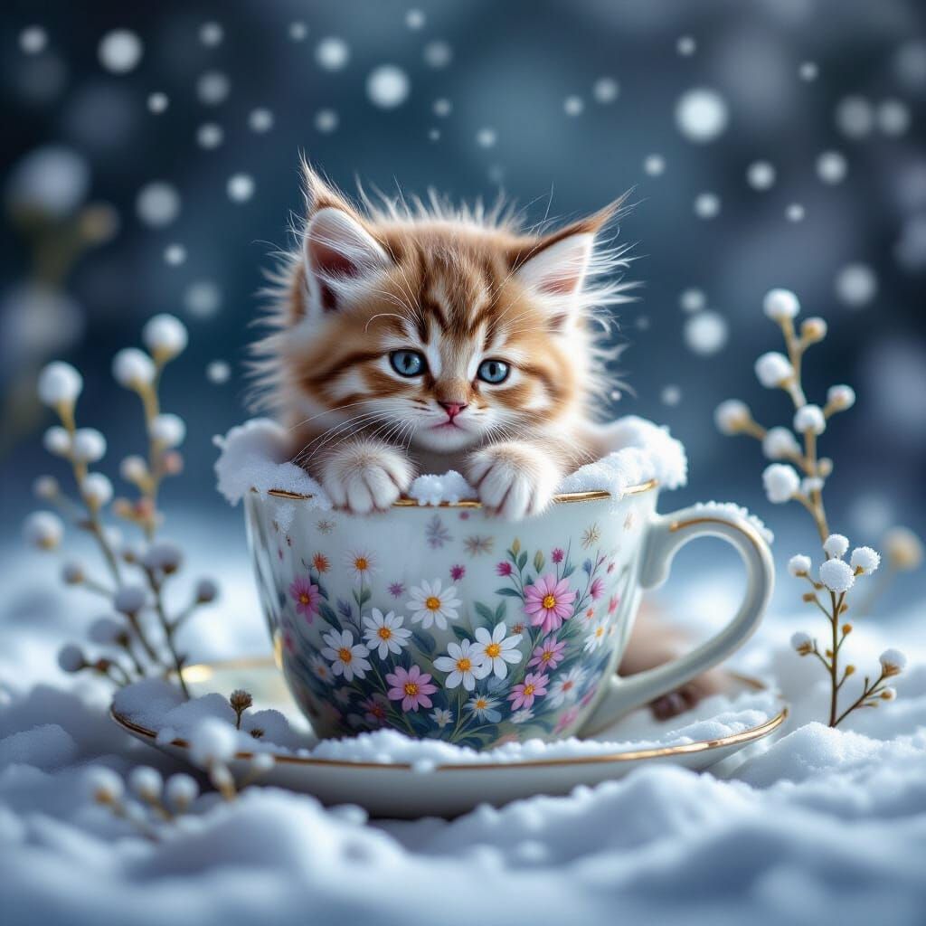 Fluffy Kitten in Snowy Glass Cup with Wildflowers
