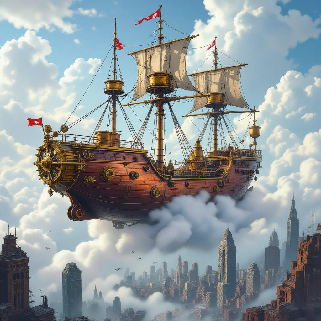 Steampunk Ship Over Dystopian Cityscape