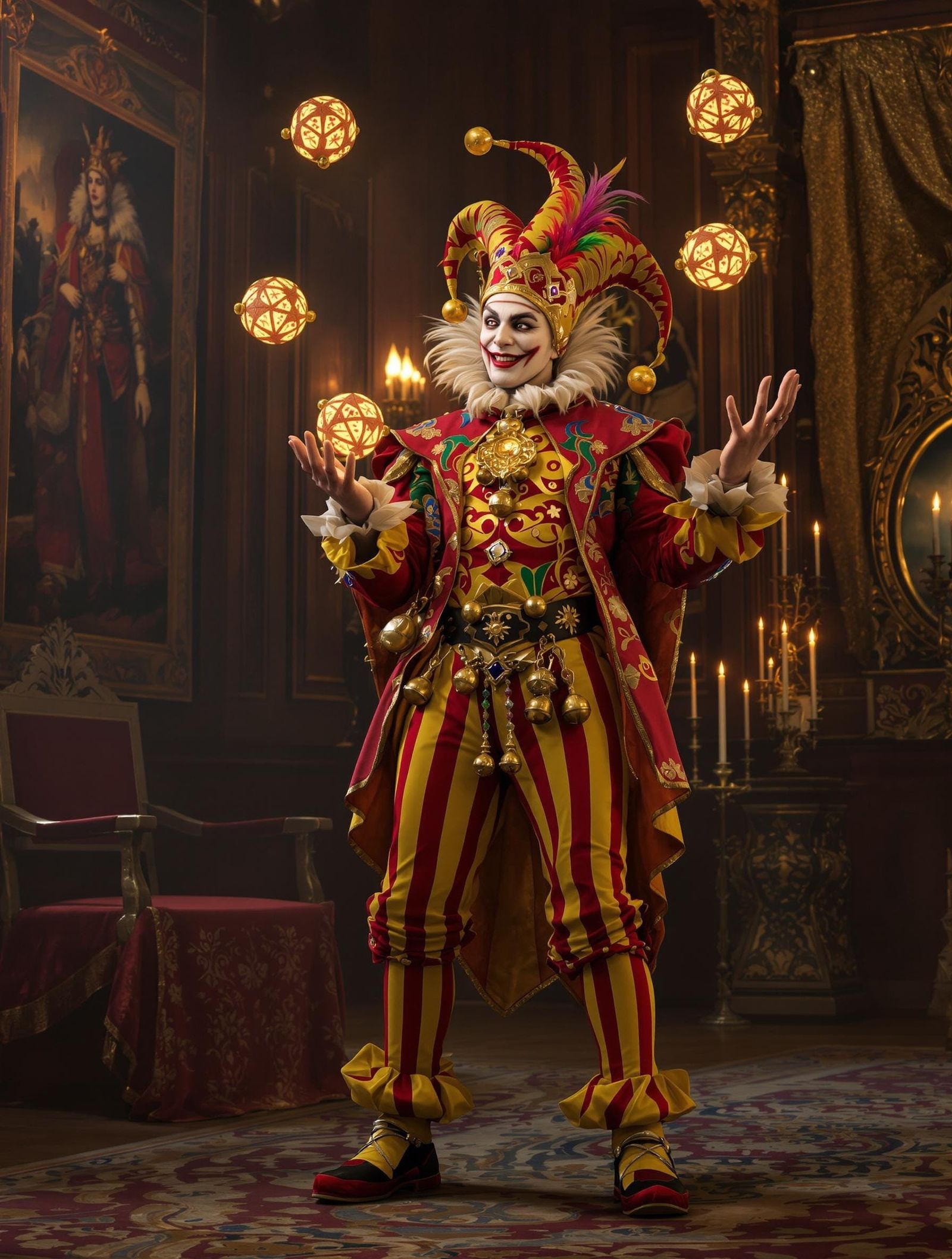 Medieval Jester in Vibrant Attire Delivers News to the Monar...