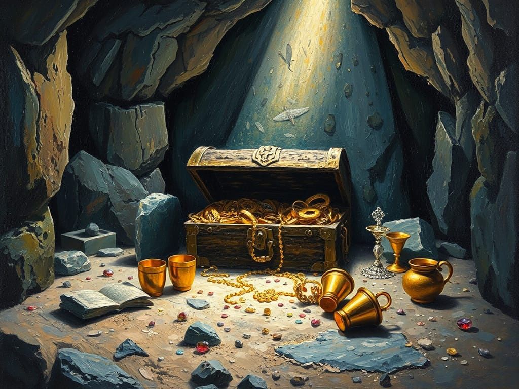 Golden Hoard in a Dark Cave Impasto Oil Painting