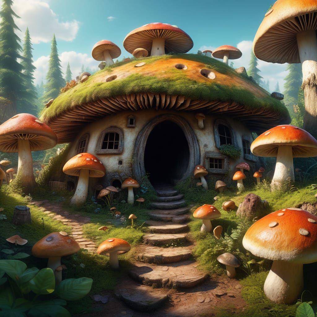 Mini Village Inside Mushroom, Hyper-Realistic Digital Art