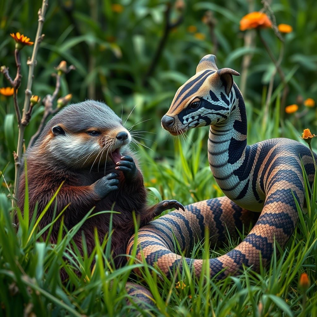Otter Encounters Quagga and Snake in Vibrant Savannah
